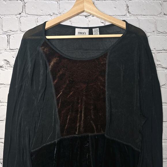 Vintage Chicos Travelers 90s Boho Patchwork Velvet Accent Blouse Size 2 - Picture 2 of 12